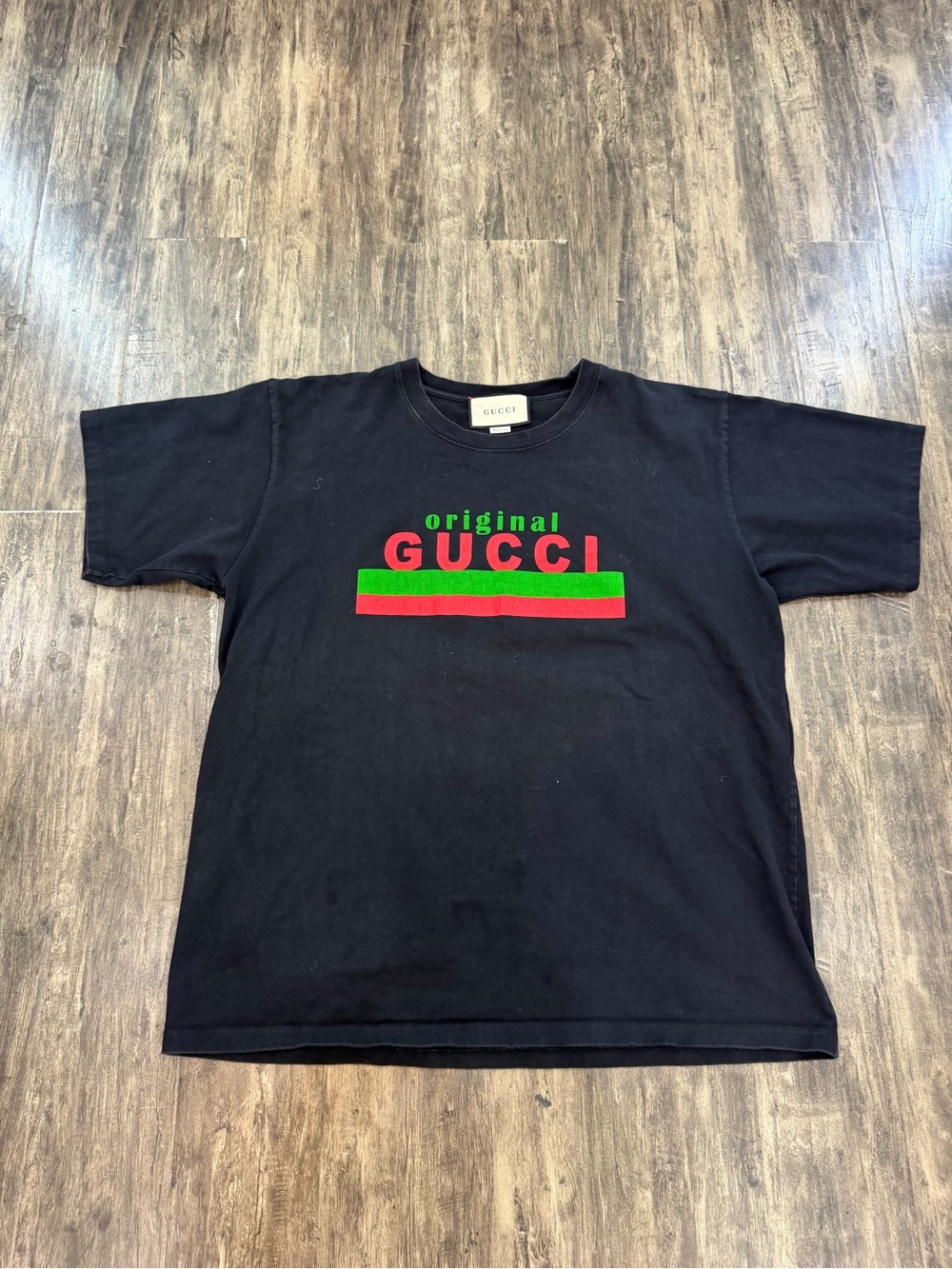 Gucci Black T-Shirt with Red and Green Logo Stripe